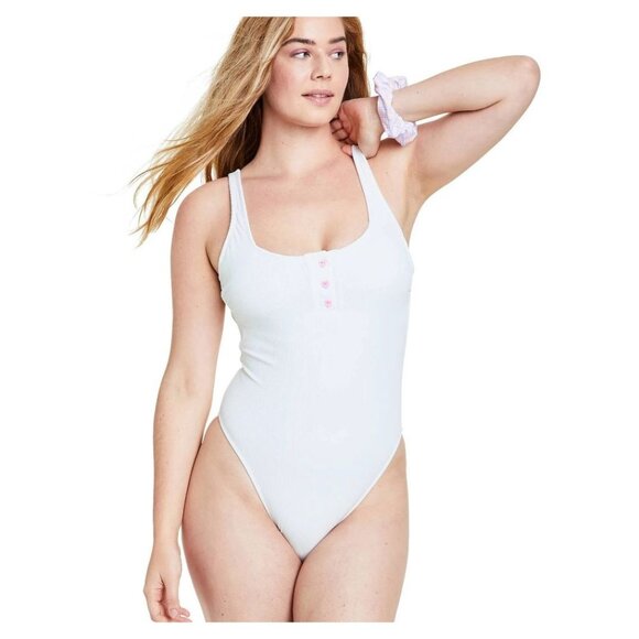 Stoney Clover Lane White Ribbed Henley One-Piece Swimsuit Size Small - Picture 1 of 8